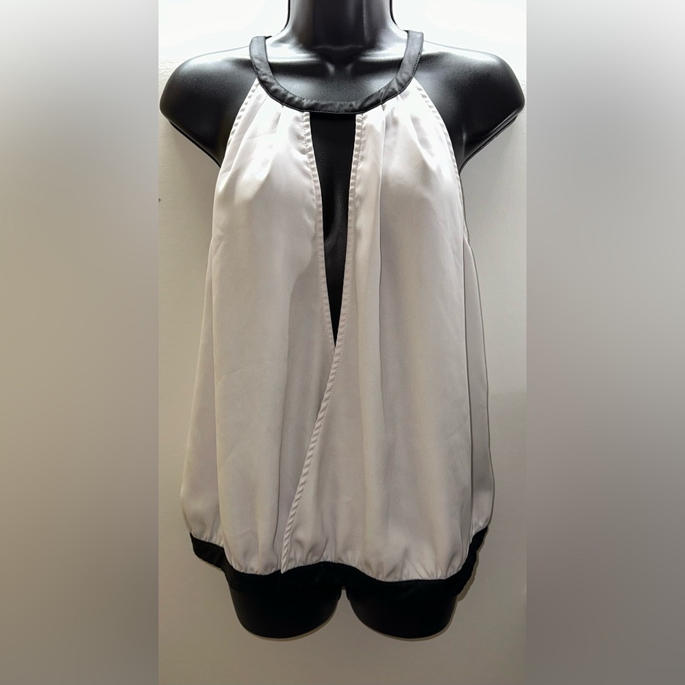 BEBE | Small Sleeveless Wrap Style Blouse with Keyhole Faux Leather Halter Neck